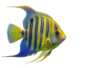 Isolated, brightly colored angelfish with vibrant blue stripes in aquarium or coral reef environment