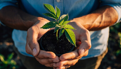 A person's hands gently cradle a small green plant growing in dark soil, symbolizing growth and care.