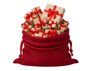 Red santa claus sack overflowing with christmas presents isolated on transparent background