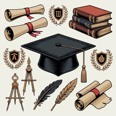 Graduation cap and diploma set