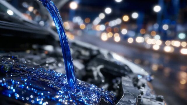 226Visually striking close-up of neon-blue antifreeze liquid forming a smooth stream into the coolant reservoir, modern engine design prominent, cold morning atmosphere felt through s