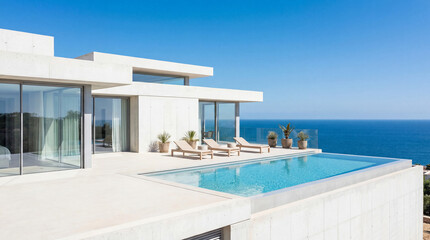 Fototapeta premium Minimalist Villa with Pool Overlooking the Ocean Horizon