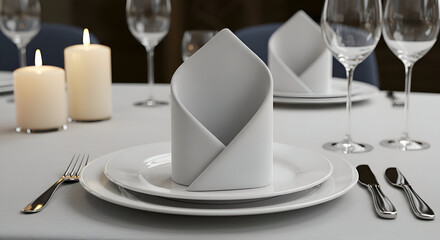 Elegant table setting with folded napkins in a restaurant. A formal dining experience with dinnerware and glassware, showcasing a sophisticated ambiance.