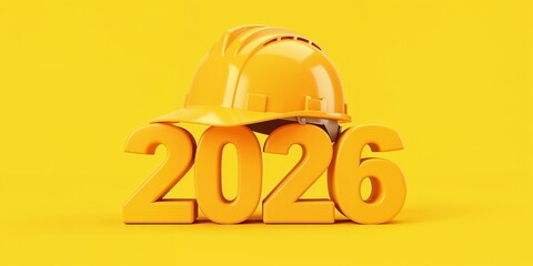 Happy new year design featuring yellow hard hat put on "2026" 3D numbers ,plain orange background