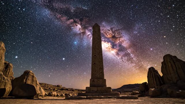 Milky Way over Ancient Obelisk - An ancient stone obelisk stands tall against the backdrop of a dazzling Milky Way galaxy.