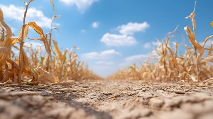 Low angle view of a withered cornfield in arid conditions stretching towards the horizon under a vast blue sky with white clouds symbolizing agricultural challenges