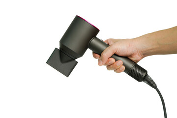 Hair dryer in hand isolated on white background, clipping path
