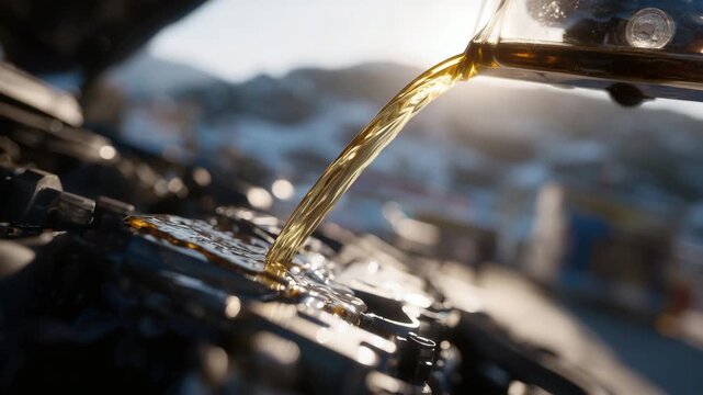 237Warm-toned antifreeze fluid poured carefully into modern hybrid engine, soft winter sunlight reflects off polished components, dry ground indicates snowless season, highly commerci