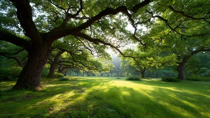 Serene landscape featuring majestic old oak trees in a vibrant park with golden sunlight filtering through lush green foliage and casting long shadows on the grass