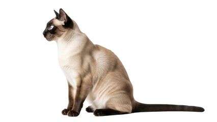 Isolated seal point Siamese cat sitting upright facing left with sleek fur and vivid blue eyes © Niamh