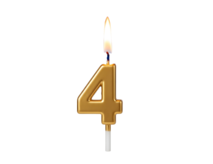 Golden number 4 birthday candle with flame isolated on transparent background