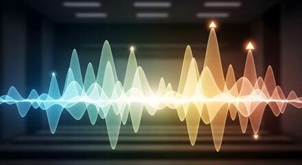 Vibrant digital sound wave visualization with a colorful gradient from blue to orange, depicting audio frequencies in an abstract dark setting.