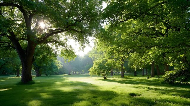A serene natural landscape showcases sunlight streaming through the dense canopy of mature green trees creating d d shadows on a vibrant sunlit meadow in a tranquil park
