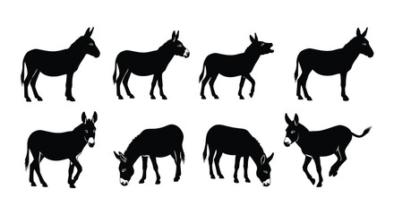 Silhouette collection of donkeys in various poses and perspectives