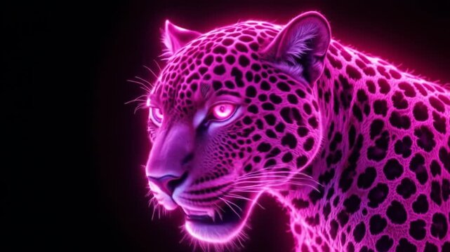 Neon leopard on black background. Bright pink color, artistic digital art, fantasy animal, leopard print. 4k video