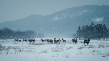 A winter landscape with a herd of deer in the distance,