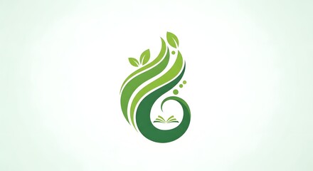 A stylized green logo featuring organic swirling shapes, leaves, and an open book, symbolizing nature, growth, and knowledge.
