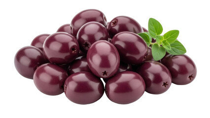 Isolated heap of deep-purple Kalamata olives with fresh oregano, Mediterranean diet food