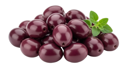 Isolated heap of deep-purple Kalamata olives with fresh oregano, Mediterranean diet food