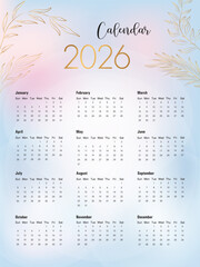 Elegant 2026 wall calendar with pastel gradient background and gold botanical line art, designed for planning, organization, and modern home or office decor.