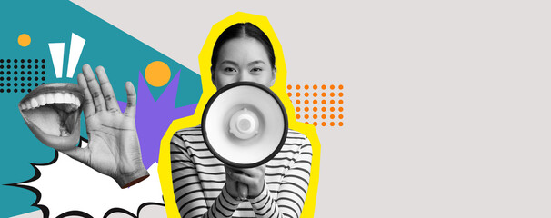 A vibrant collage showcases a woman holding a megaphone surrounded by playful graphics. This creative piece highlights the power of expression and communication in a colorful and engaging manner.