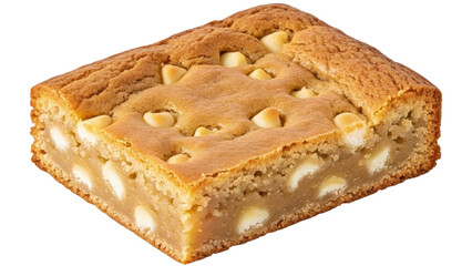 Isolated blondie dessert bar, delicious fresh-baked treat with white chocolate pieces and rich flavor