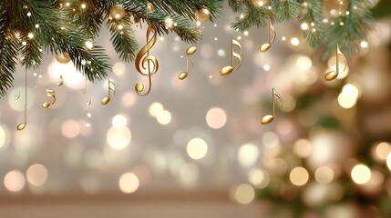 Festive holiday scene featuring a decorated Christmas tree branch with shimmering golden musical notes and twinkling fairy lights set against a warm out of focus bokeh background
