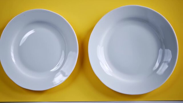 Two white, empty, ceramic plates sit side-by-side on a vibrant yellow surface. Reflection visible