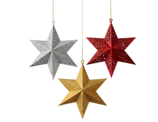 Three festive star ornaments in silver gold and red isolated on transparent background