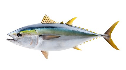 Fototapeta premium A vibrant yellowfin tuna showcasing its distinctive blue and green dorsal colo n and bright yellow fins presented in profile on a clean white backdrop