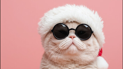 Cute cat in Santa hat with round sunglasses on pink backdrop, fun Christmas pet portrait