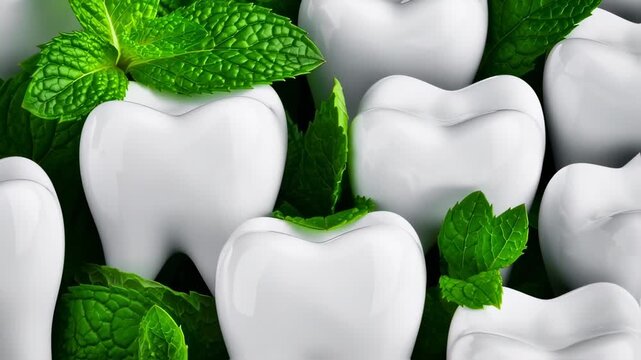 Close-up of glossy white teeth amid fresh green mint leaves, representing dental hygiene and freshness