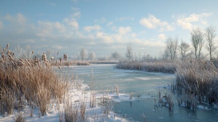 A winter landscape with a frozen pond and reeds,