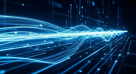 Abstract blue light trails and digital data streams flowing rapidly across a dark background, symbolizing high-speed communication and technological advancement.