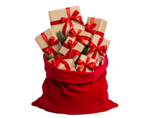 Red santa claus sack overflowing with christmas presents isolated on transparent background