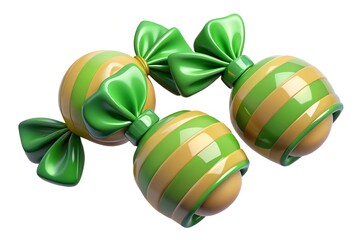 3D Render of Striped Christmas Candies with Shiny Green Bows Isolated on White