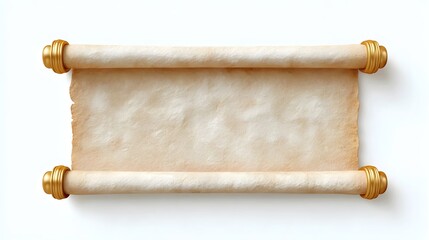 Unrolled antique parchment scroll featuring a textured aged surface and detailed golden finials ideal for historical documents announcements or decorative use with ample blank space for text