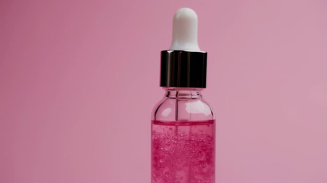 A glass dropper bottle with pink liquid stands against a pink background. Close-up