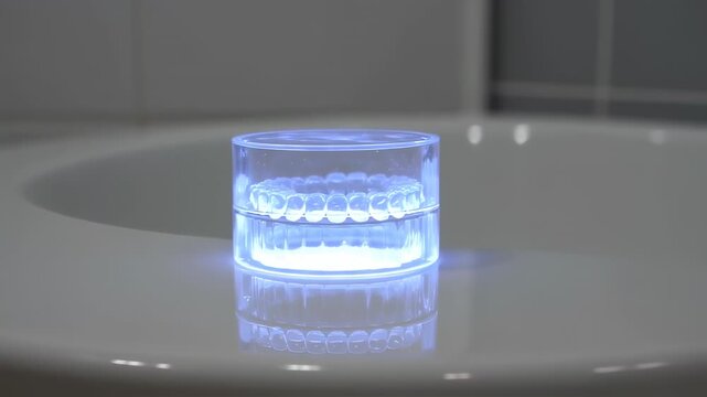 Glowing, clear cylindrical container with dental device within, on a reflective surface