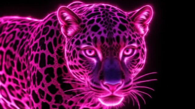 Neon leopard on black background. Bright pink color, artistic digital art, fantasy animal, leopard print. 4k video