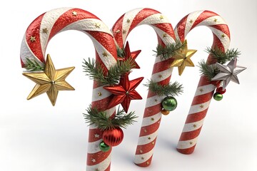 3D Render of Festive Red and White Candy Canes Decorated with Ornaments and Stars. christmas candy canes