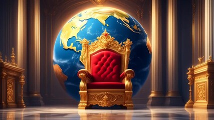 Regal throne with a red cushion set before a globe, flanked by golden columns in an ornate chamber - Powered by Adobe