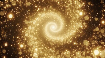 An abstract background featuring a hypnotic golden spiral composed of shimmering particles and radiant bokeh lights.