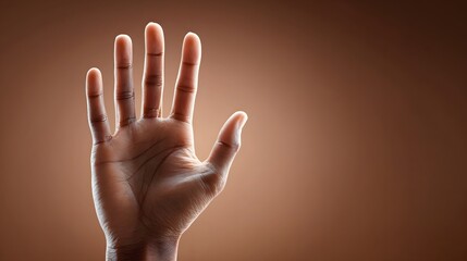 Detailed view of an open raised dark skinned hand displaying fingers spread widely palm facing the viewer set against a softly lit gradient brown studio backdrop