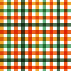 Seamless plaid pattern in vibrant green, orange, white, and brown colors.