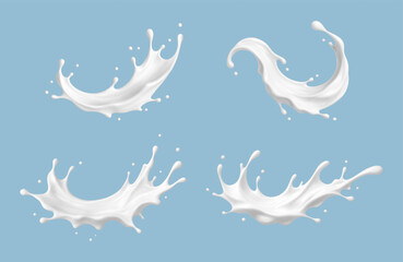 Obraz premium Milk splashes on blue background. Realistic dairy liquid motion. Vector illustration