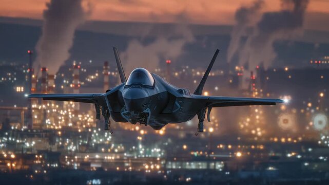 303F-35 Lightning II soaring over a massive power plant complex, glowing turbines and smokestacks beneath, cinematic orange twilight sky