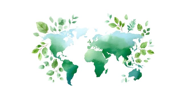 Watercolor world map entwined with green leaves and branches symbolizing ecological balance global nature sustainability and environmental renewal