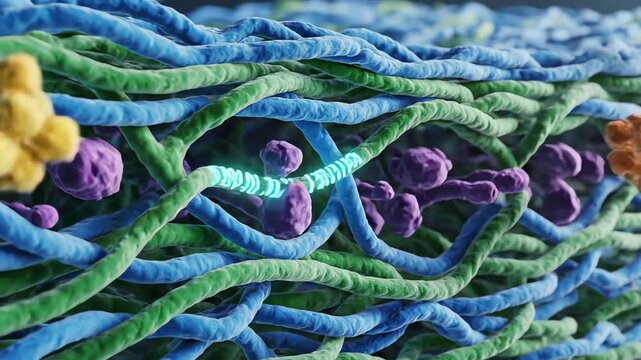 A bacterial cell wall cross-section, with peptidoglycan layers displayed as interlocking glowing strands. Antibiotic molecules drift in and bind to key enzymes, stopping the formation of new cell wall