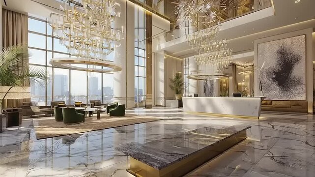 Luxurious hotel lobby with modern design and grand chandeliers